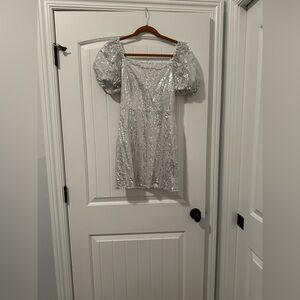 Square neck puff sleeve silver sequin short dress!